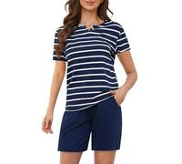 Zoerea Pigiama Estivo Donna Cotone Corto Due Pezzi Scollo a V a Quadri Casual da Casa Morbido e Confortevole Blu, L