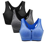 Zoerea Reggiseno Sportivo Senza Ferretto da Donna con Cerniera Frontale e Pastiglie Rimovibili per Ginnastica Corsa Yoga (Nero + Grigio + Blu,XXL)