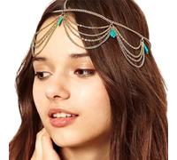 Zoestar Catena con testa Boho Turchese Gioielli da sposa a strati in oro Copricapo Festival Fascia per capelli nappa Accessori per capelli per donne e ragazze