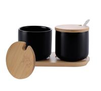 ZOFUN Set di 2 zuccheriera in ceramica con cucchiaio e coperchio in bambù, 260 ml, in ceramica, colore nero, zuccheriera in ceramica con vassoio in legno per farina, caffè, cereali o utensili da bagno