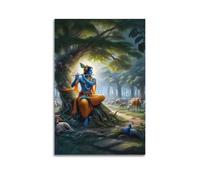 ZOGJIN Poster religioso Krishna che suona il flauto in una lussureggiante foresta incantata con mucche e pavone, poster artistico moderno da parete su tela, decorazione artistica da parete, 60 x 90 cm