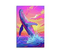 ZOGJIN Poster su tela, motivo: balena al neon che salta dal mare, moderno, decorazione artistica da parete, 30 x 45 cm, senza cornice