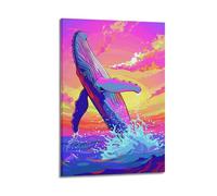 ZOGJIN Poster su tela, motivo: balena al neon che salta dal mare, moderno, decorazione artistica da parete su tela, 30 x 45 cm, con cornice