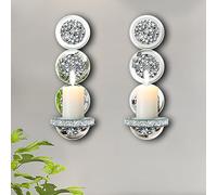 ZOLAPI Set di 2 portacandele in cristallo schiacciato, splendido applique da parete color argento con specchio, portacandele rotondo in vetro, per decorazione della casa, soggiorno, sala da pranzo,