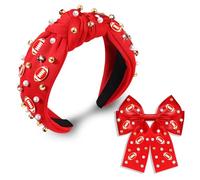 ZOLEAROPY Fascia per capelli da donna con fiocco da calcio, con perle e strass, accessorio annodato per calcio, accessori per la mamma, abbigliamento alla moda per il giorno del gioco (rosso-bianco)