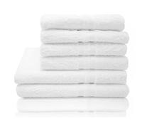 ZOLLNER Set di 6 asciugamani composto da 4 asciugamani da bagno in 50x70 cm e 2 teli doccia in 70x140 cm - in cotone - con righe sul bordo - lavabili a 95°C - con pratico gancetto - bianchi