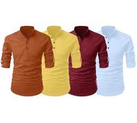 Zombom Camicia Kurta da uomo in misto cotone, a maniche lunghe, confezione da 4, progettata per il comfort quotidiano o per un abbigliamento casual elegante, MARRONE-GIALLO-MAROON-CIELO, 4XL