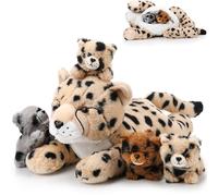 Zomiboo Set 5 Animali di Peluche Ghepardo Peluche Mamma Ghepardo Grande 4 Teneri Cuccioli di Ghepardo nella Pancia per Ragazzi e Ragazze Compleanno Regali di Laurea Decorazioni Feste(Stile Sdraiato)