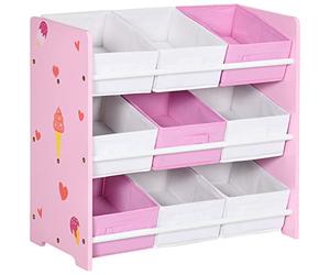 ZONEKIZ Mobile Contenitore per Bambini con 9 Cestini Rimovibili, Mobiletto Portagiochi in Legno MDF e Tessuto, 63x30x60 cm, Rosa e Bianco