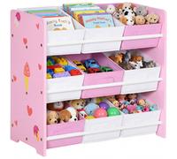 ZONEKIZ Mobiletto Portagiochi con 9 Cestini Rimovibili in MDF e Tessuto Rosa