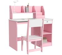 ZONEKIZ Scrivania per bambini con sedia ergonomica, tavolo per bambini e sedia con 2 cassetti, ripiani aperti e nicchie, tavolo per studio, lavoro e scrittura, 90 x 45 x 90 cm, rosa