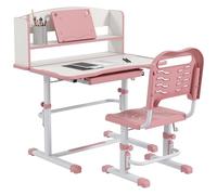 ZONEKIZ Scrivania per Bambini con Sedia, Set Banco Scuola Regolabile in Altezza con Cassetto e Piano Inclinabile, Età 6-12 Anni, Rosa