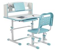 ZONEKIZ Scrivania per Bambini con Sedia, Set Banco Scuola Regolabile in Altezza con Cassetto e Piano Inclinabile, Età 6-12 Anni, Blu