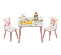 ZONEKIZ Set 3 Pezzi con Tavolino e 2 Sedie per Bambini da 3-8 Anni Rosa | Tavolino Multiattivita Disegni di Animali, MDF e Legno di Pino, Tavolo per Bambini, Seggiole con Schienale