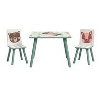 ZONEKIZ Set 3 Pezzi con Tavolo e 2 Sedie per Bambini da 3-8 Anni in MDF e Legno di Pino, Tavolino per Bambini e Seggiole con Disegni di Animali, Verde