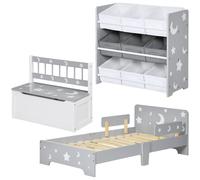 ZONEKIZ Set per Bambini 3-6 Anni con Lettino per Bambini 143x76x49 cm, Mobile Portagiochi 63x30x60 cm e Cassapanca 60x30x50 cm, Grigio
