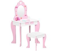 ZONEKIZ Set Tavolo Trucco con Sgabello, Specchio e Cassetto, Bianco e Rosa | Legno MDF, per Bambini da 3-6 Anni