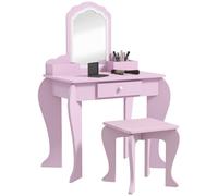 ZONEKIZ Set Toeletta per Bambina con Specchio Trucco e Sgabello in Legno Rosa