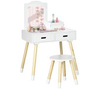 ZONEKIZ Set Toeletta per Bambini in Legno, Tavolo da Trucco con Specchio e 2 Cassetti e Sgabello in Stile Scandinavo, Bianco e Colore Legno