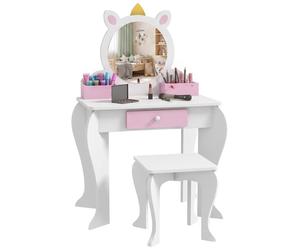 ZONEKIZ Set Toeletta Trucco Bambina con Sgabello e Specchio, Design Unicorno