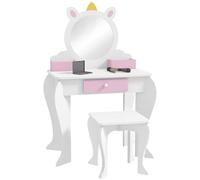 ZONEKIZ Tavolino da toilette per bambini con sgabello e specchio, tavolino da toilette per bambine con cassetto, scomparti, design unicorno, tavolino da trucco per bambini e bambine dai 3 ai 6 anni,