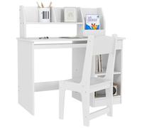 ZONEKIZ Tavolo Scrivania per Bambini con Sedia Banco Scuola Legno Bianco | Per Bambini Da 5 a 8 Anni, con Scaffale, Seggiola