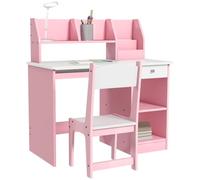 ZONEKIZ Tavolo Scrivania per Bambini con Sedia e Scaffale, Rosa | Banco Scuola per Bambini da 5 a 8 Anni in Legno, Mensola Estraibile, Cassetto, Angoli Arrotondati
