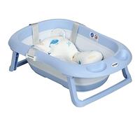 ZONEKIZ Vaschetta Bagnetto Pieghevole per Bambini 0-6 Anni con Cuscino e 2 Spazi Portaoggetti Inclusi, 83x48x23.5 cm, Blu e Bianco