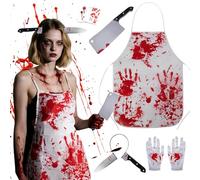 ZoneYan Grembiule di Halloween, Costume da Macellaio con Guanti Mannaia, Grembiule Insanguinato, Coltello Testa Fascia, Adesivi per Tatuaggi Horror, per Festa di Halloween Carnevale Cosplay