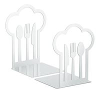 Zonon Fermalibri in metallo, bianco (1 paio), con forchetta e coltello e cucchiaio, impedisce lo scivolamento, design a forma di L, aspetto cappello da chef
