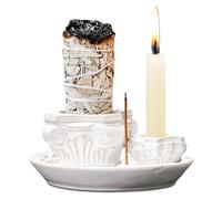 ZONSUSE Bruciatore di Incenso Colonna Classica 4 in 1 in Ceramica con Supporto Candela, per Bastoncini, Coni, Palo Santo e Salvia, Elegante Decorazione Casa Stile Europeo (Bianco Rilievo)