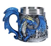 ZONSUSE Caraffa del drago medievale, tazza del drago gotico, con rilievo del castello, tazza da caffè in acciaio inox con draghi, regali personalizzati per uomo, 450 ml (blu drago)