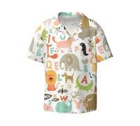 Zoo Alphabet Animal Print Uomo Leggero Elegante Classico Cuban Collar Style Manica Corta Tasca Pratica, nero, 3XL