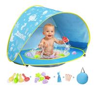 Zooawa Tenda da Spiaggia per Bebè, Tenda da Spiaggia Ombrellone, Portatile Pop Up Tenda con Mini Piscina Riparo Solare per Neonati con Protezione UV e set di Giocattoli di Sabbia, Blu