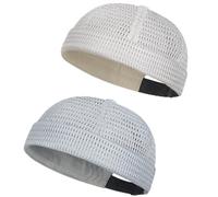 zoocco 2-Pack Men Brimless Caps, Breathable Docker Hats, Mesh Skull Beanies for Summer Cooling & Adjustable Hip-Hop Style (White + Gray)