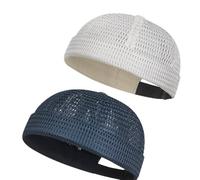 zoocco 2-Pack Men Brimless Caps, Breathable Docker Hats, Mesh Skull Beanies for Summer Cooling & Adjustable Hip-Hop Style (White + Navy Blue)