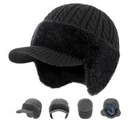 zoocco 3 in 1 Knitted Hat, Mens Blocking Knitted Hats with Ear Flaps, Faux Mink Fur Lining, Windproof & Ear Coverage (Black)