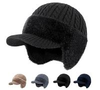 zoocco 3 in 1 Knitted Hat, Middle-Aged Men Blocking Knitted Hats with Ear Flaps, Faux Mink Fur Lining & Windproof (Black)