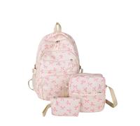 zoocco 3Pcs Set Bow Backpack for Girls, Cute Kawaii Large Capacity Nylon Rucksack With Bow Pattern for preppy (White Pink)