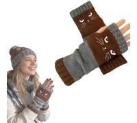 zoocco Cat Fingerless Gloves, Knitted Fingerless Gloves with Cute Cat Embroidery, Cozy Soft Knit Fabric for Winter Walk (Coffee)