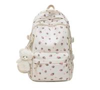 zoocco Coquette Kawaii Floral Backpack, Multipockets Cute Pink Dackpack with Preppy Aesthetic Nylon Rucksack (Strawberry)