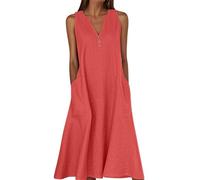 zoocco Linen Dresses for Women 2025, Lightweight V Neck Midi Dress with Pockets for Beach Vacation & Daily Wear (Red,L)