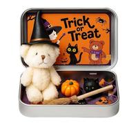 zoocco Mini Halloween Bear in a Box, Handmade Halloween Bear in a box for Trick or Treat with Broomstick, Magic Cat & Coffin Decor for Loving Kids (White)