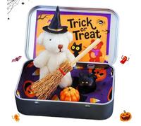 zoocco Mini Halloween Bear in a Box, Handmade Halloween Bear in a box for Trick or Treat with Broomstick, Magic Cat & Coffin Decor for Loving Kids (White)
