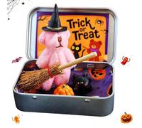 zoocco Mini Halloween Bear in a Box, Handmade Halloween Bear in a box for Trick or Treat with Broomstick, Magic Cat & Coffin Decor for Loving Kids (Pink)