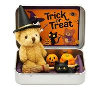 zoocco Mini Halloween Bear in a Box, Handmade Halloween Bear in a box for Trick or Treat with Broomstick, Magic Cat & Coffin Decor for Loving Kids (Khaki)