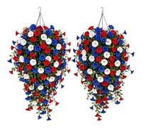 zoocco Patriotic Hanging Flower Baskets & Artificial Hanging for Outdoors with Lush Blooms, Porch & Garden Decor, Solar Light Option (with Light)