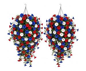 zoocco Patriotic Hanging Flower Baskets & Artificial Hanging for Outdoors with Lush Blooms, Porch & Garden Decor, Solar Light Option (with Light)