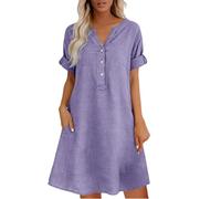 zoocco V-Neck Cotton Linen Blend Dresses Women (Purple,XL)