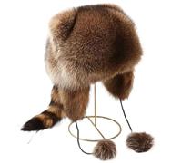 zoocco Winter Cute Raccoon Plush Hats, Soft Warm Coonskin Raccoon Hat with Tail for Most Ages Outdoor Winter Wear (Aldult)